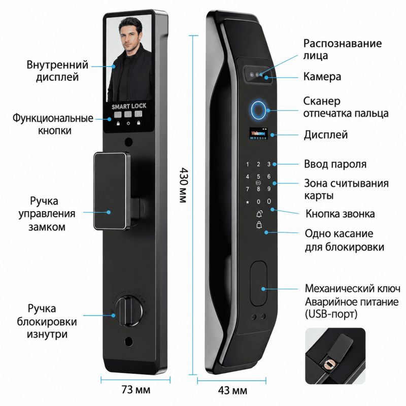Размеры и элементы умного дверного замка Elock ES461D Face